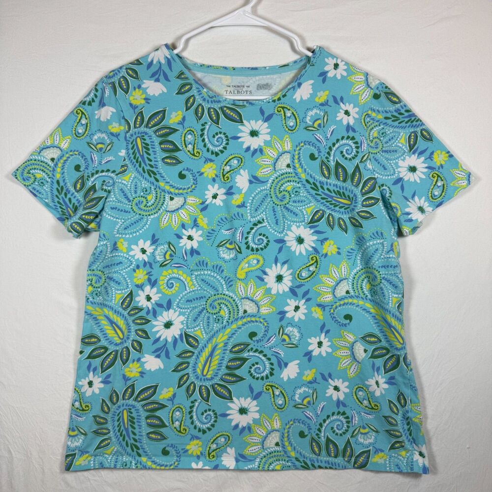The Talbots Tee Turquoise Paisley Floral Crewneck Size XL